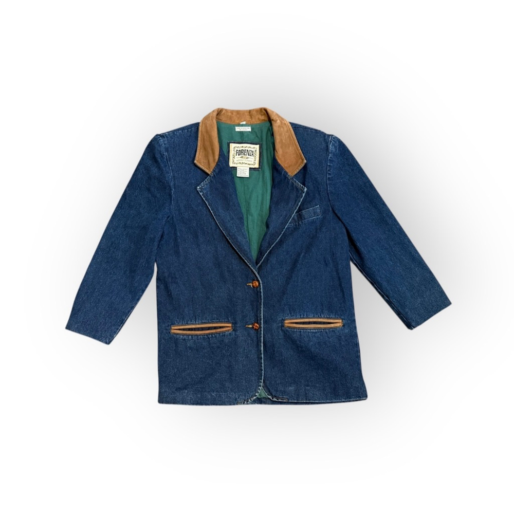 Vtg 80s Forenza Women’s Denim Blazer Tan Suede Collar Accents Jacket Sz M Lined - Picture 2 of 11